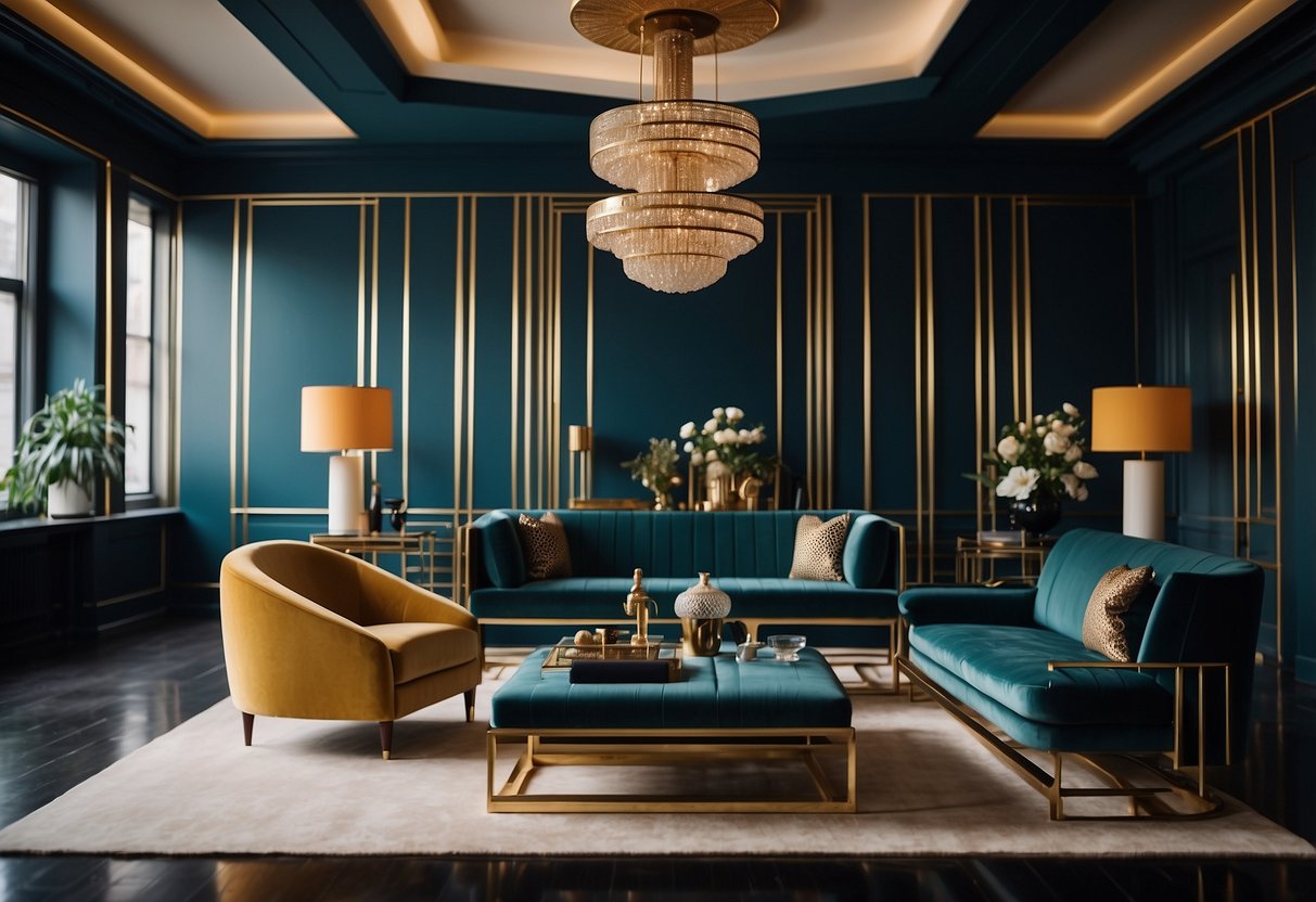 An elegant art deco room with sleek, geometric furniture and luxurious materials. Bold colors and patterns add to the sophisticated atmosphere