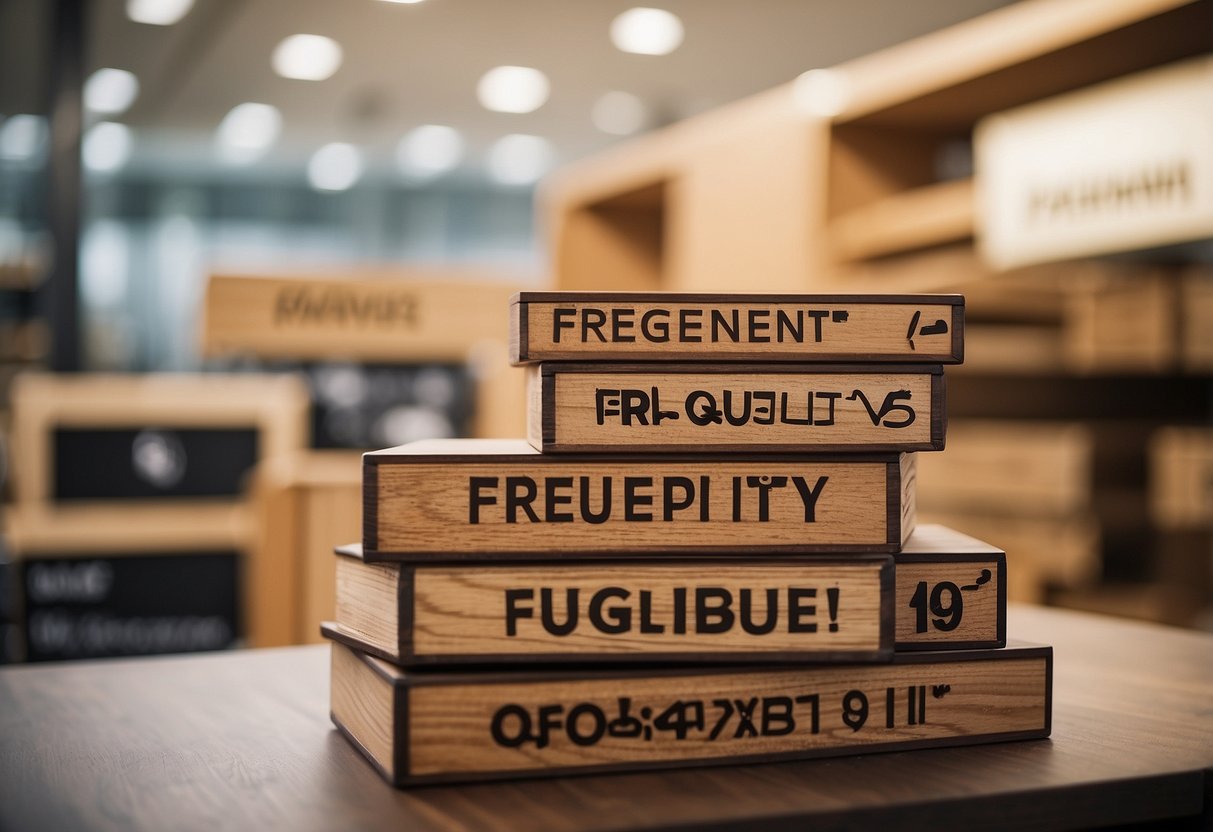 A stack of Chinese oak furniture with a "Frequently Asked Questions" sign on a showroom floor