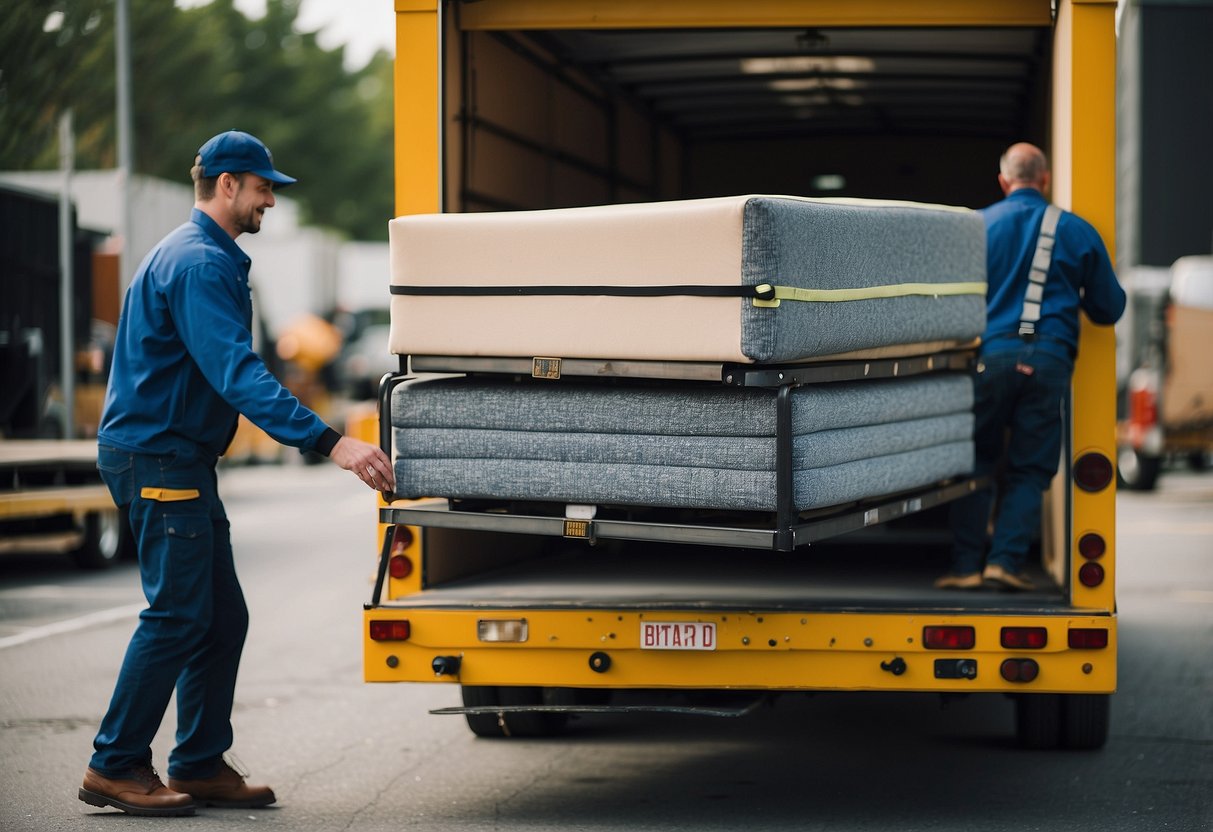 Furniture being loaded onto a truck by movers with a dolly and straps