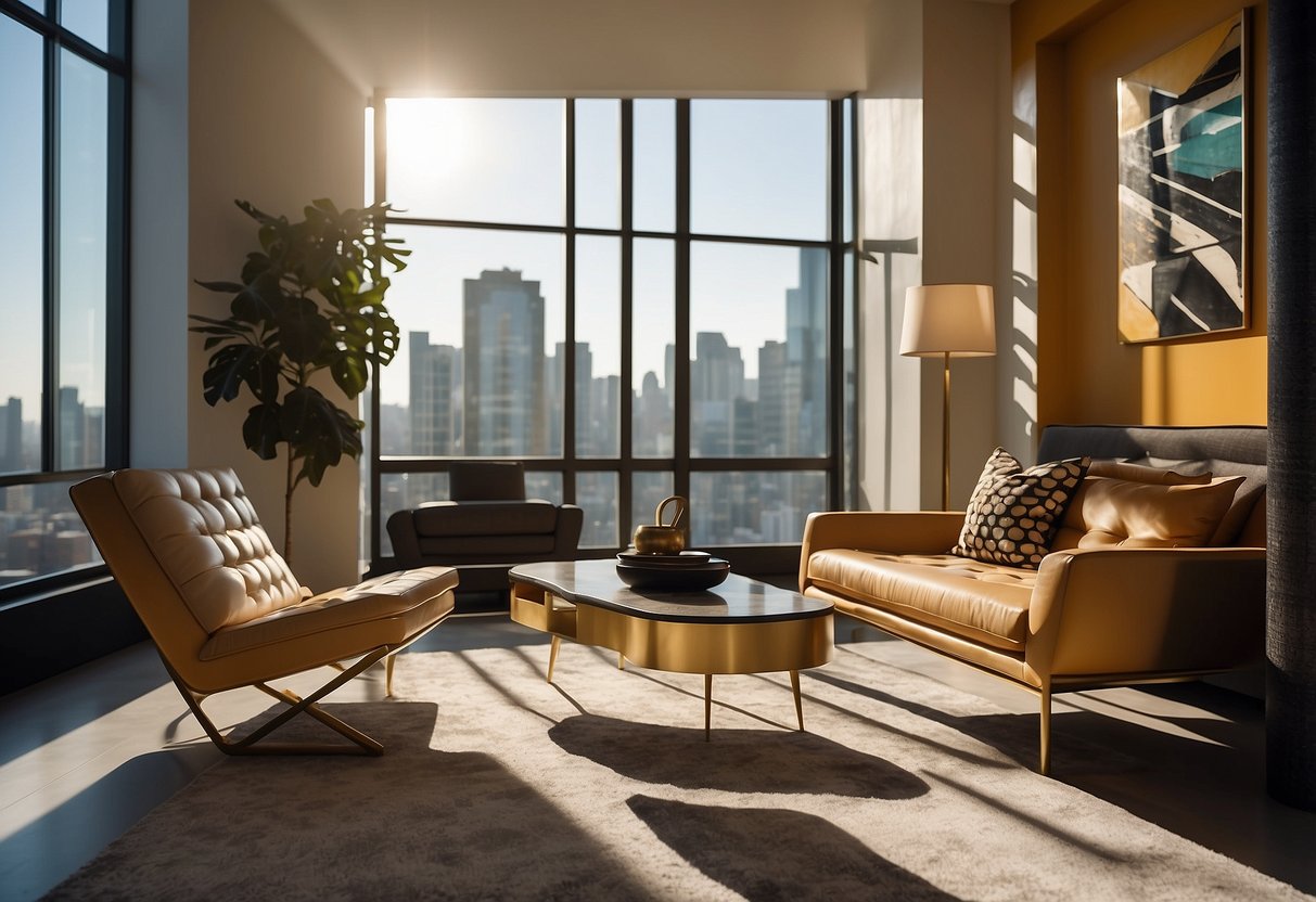 A sleek, geometric chair sits in a sunlit room, surrounded by bold, angular furniture pieces. The walls are adorned with striking, abstract art deco patterns, and the room exudes a sense of modernity and luxury