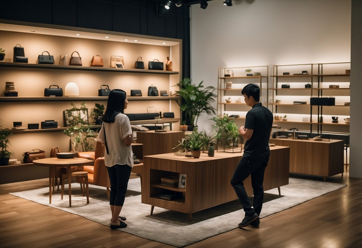 Customers browsing furniture displays in Woodlands, Singapore store. Bright lighting, modern designs, and cozy setups