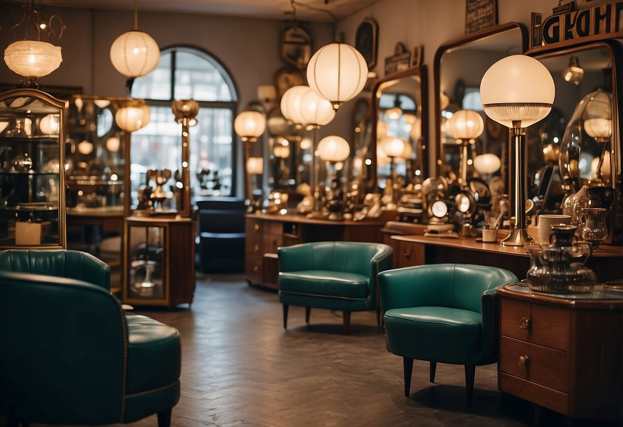 A cluttered vintage shop with bold geometric patterns and sleek, curved furniture. Art Deco lamps and mirrors catch the light