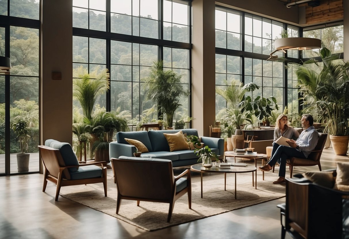 Customers browse through a showroom of modern and traditional furniture, surrounded by lush greenery and natural light streaming in through large windows