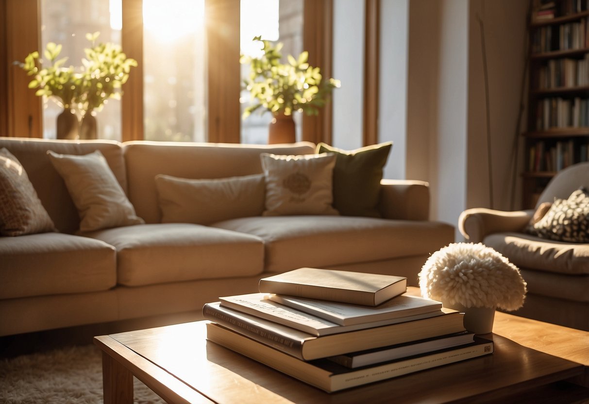 A cozy living room with a plush sofa, coffee table, and soft rug. A bookshelf lines the wall, filled with books and decorative items. Sunlight streams in through the window, casting a warm glow over the room