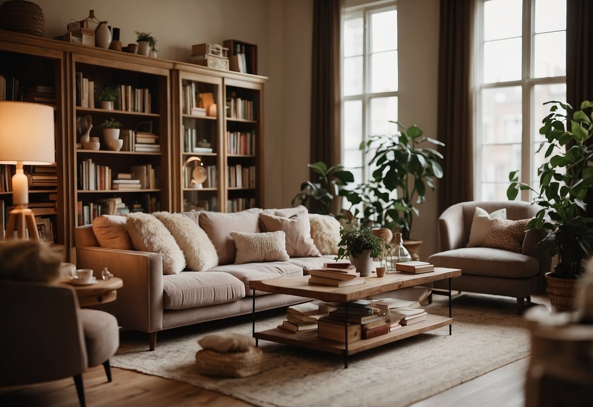 A cozy living room with a plush sofa, coffee table, and soft rugs. A bookshelf filled with books and decorative items. Warm lighting and plants add to the inviting atmosphere
