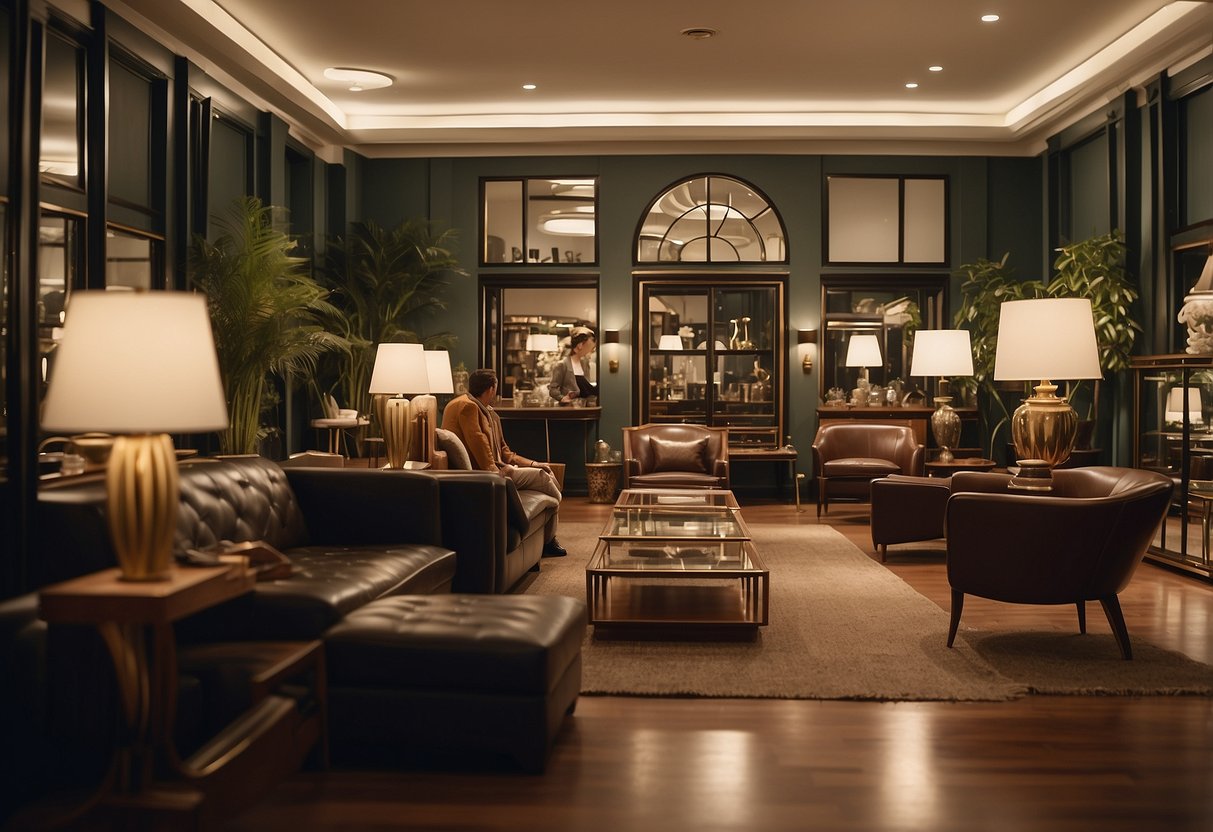 An elegant art deco furniture store with customers browsing unique pieces and a helpful salesperson answering frequently asked questions