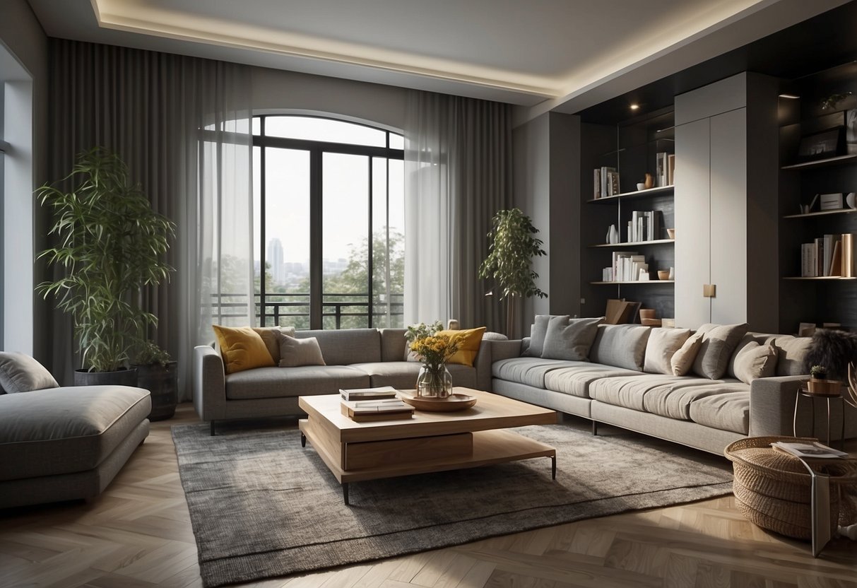 A cozy living room with modern furniture and convenient location amenities
