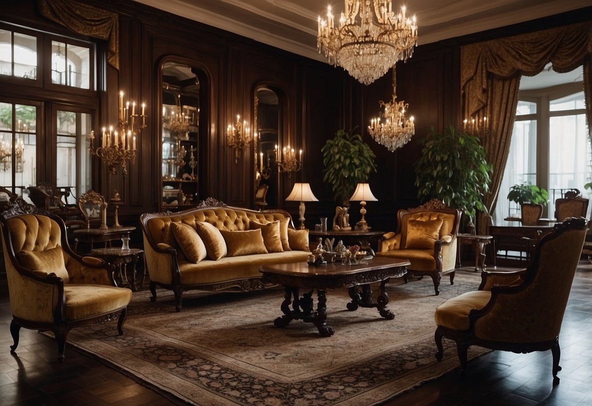 A room filled with classic Italian furniture, including ornate chairs, a grand wooden dining table, and a luxurious velvet sofa. Rich, dark wood and intricate carvings adorn every piece, creating a sense of timeless elegance