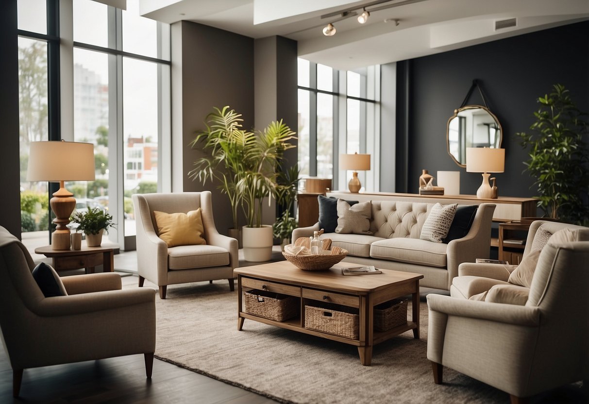 A neatly arranged furniture display with a sign reading "Frequently Asked Questions" in a showroom setting