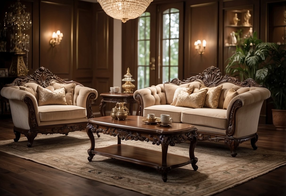 An elegant living room with ornate wooden furniture, curved legs, and intricate carvings. Rich fabrics drape over the luxurious seating, while decorative accents adorn the room