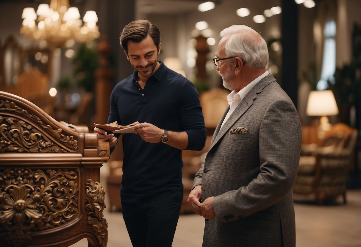 A person selecting and integrating classic Italian furniture in a well-lit showroom. Rich wood, intricate carvings, and luxurious fabrics adorn the elegant pieces