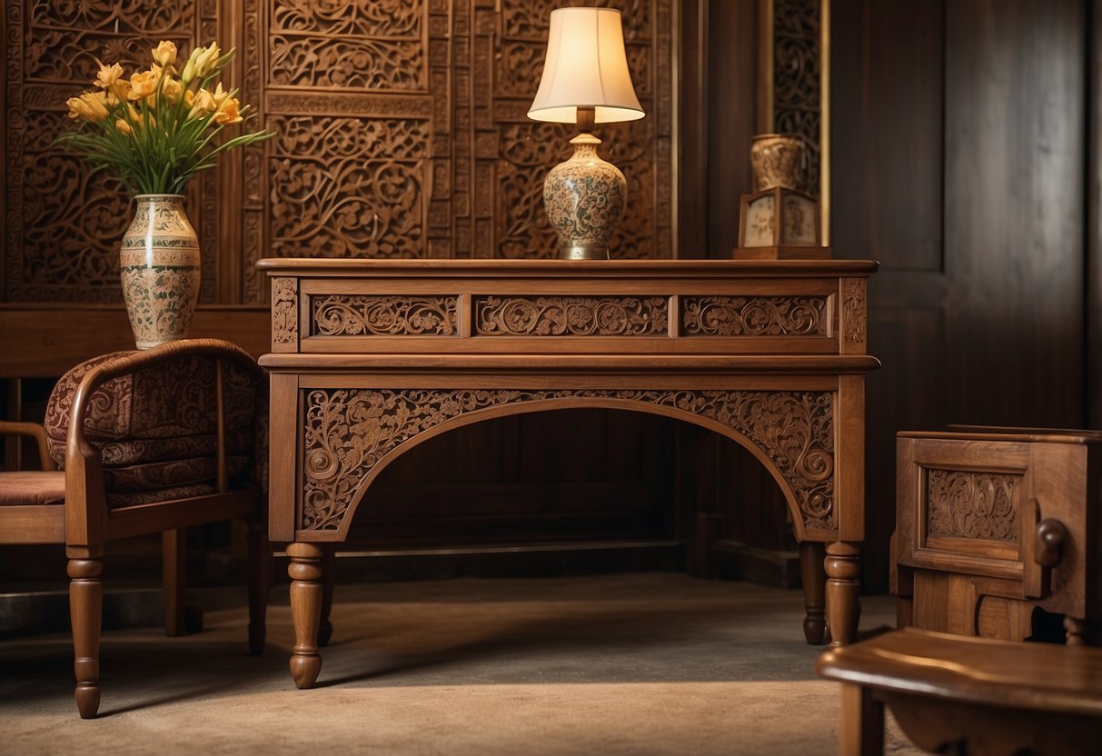 Antique teak furniture arranged in a well-lit room with intricate carvings and rich wood tones