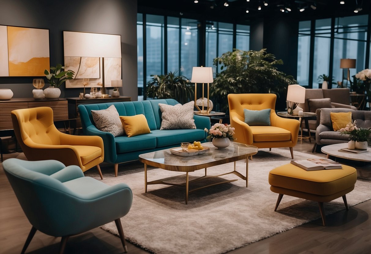 A bustling furniture showroom in Shanghai, with sleek modern designs and vibrant colors on display