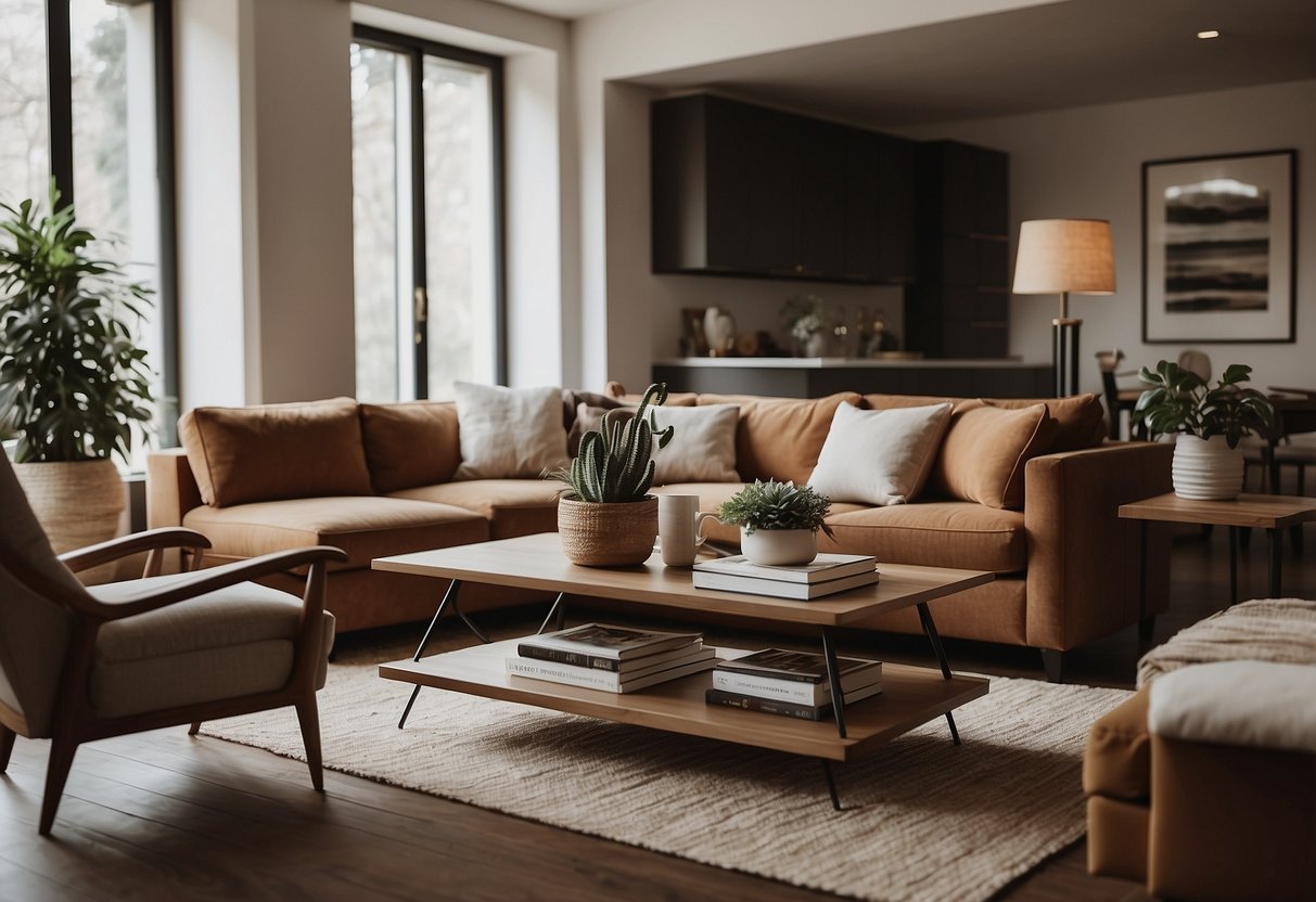 A cozy living room with elegant Italian furniture arranged neatly. A stack of brochures labeled "Frequently Asked Questions" sits on a coffee table