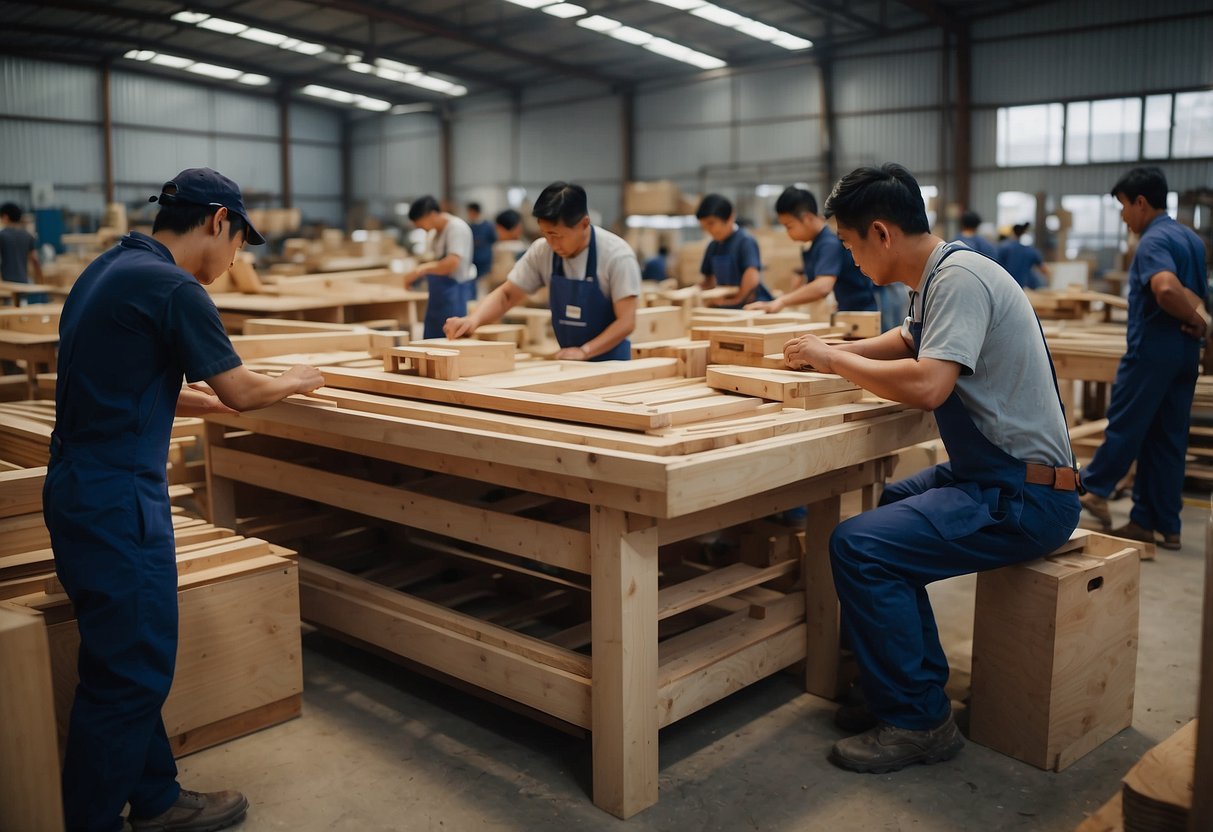 A bustling workshop at Poh Sin Furniture Co, with workers assembling wooden furniture amid stacks of raw materials and buzzing machinery