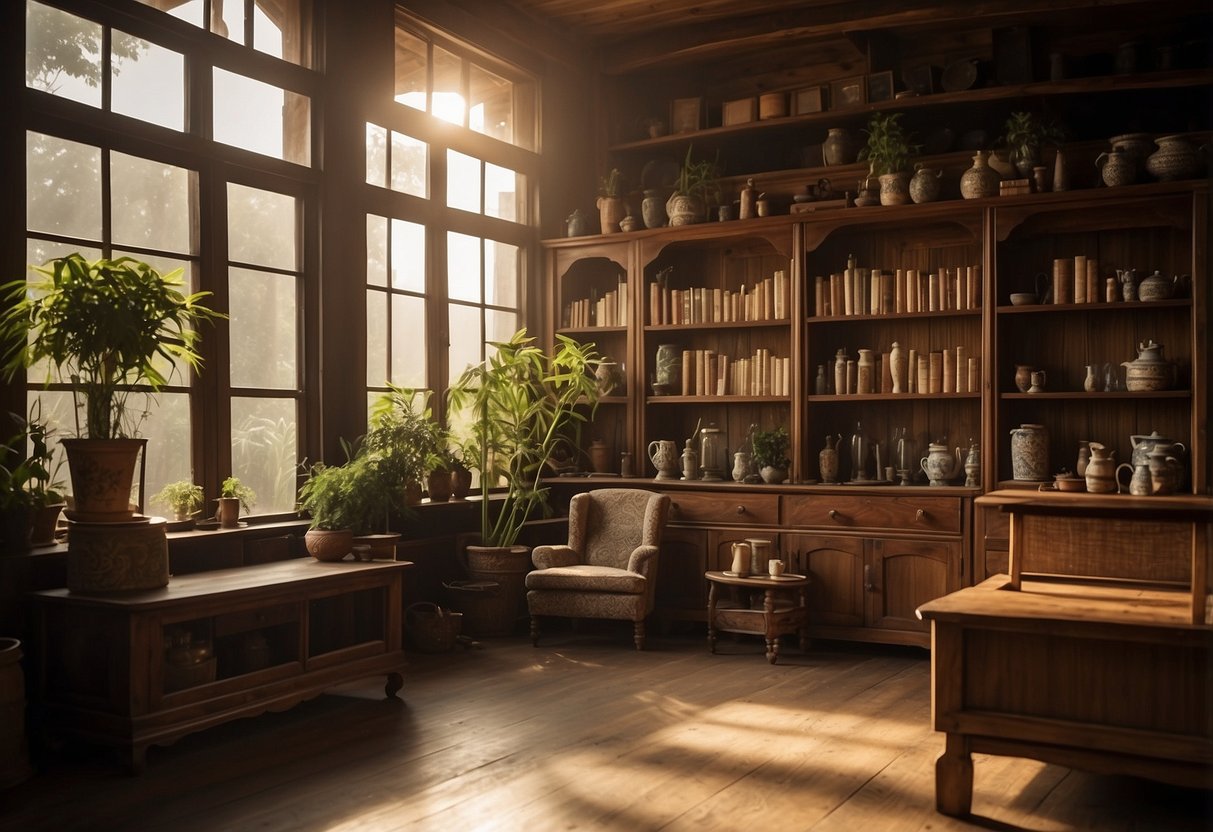 A dimly lit room with shelves of aged teak furniture. Sunlight filters through dusty windows, casting warm hues on the polished wood