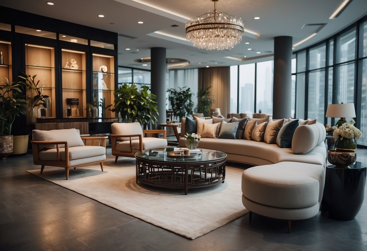 A modern showroom displaying various furniture pieces and services offered by Shanghai Poh Sin Furniture