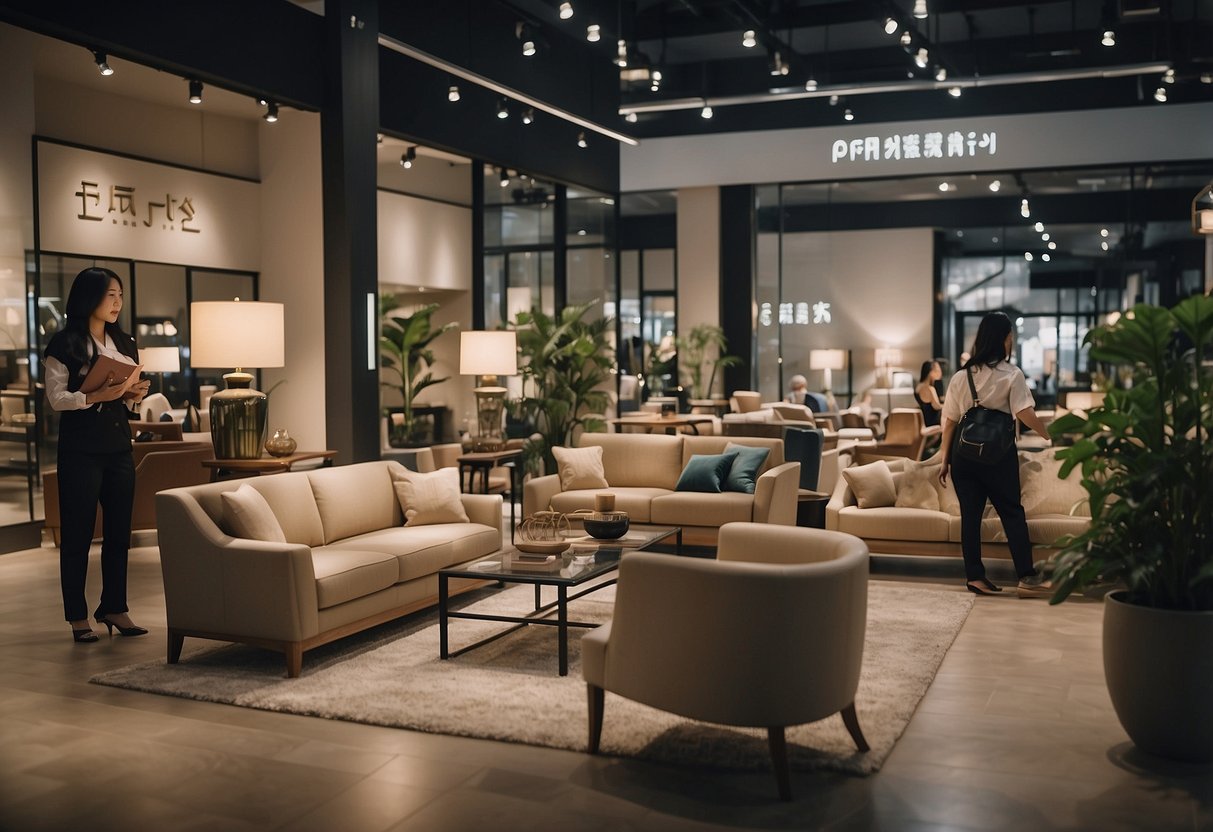 A bustling furniture showroom with customers browsing, staff assisting, and signs displaying "Frequently Asked Questions" at Shanghai Poh Sin Furniture