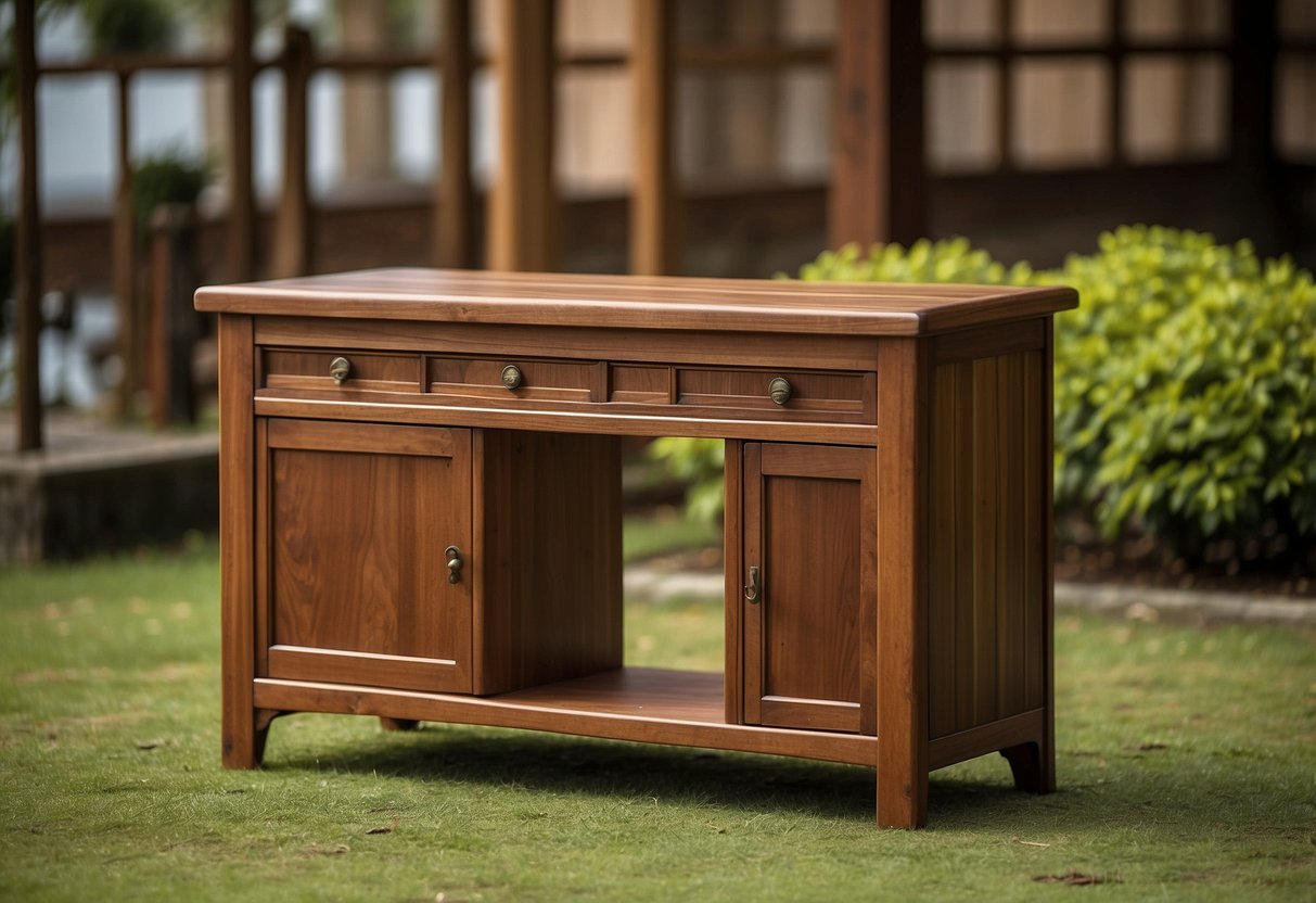 A well-maintained antique teak furniture set gleams in soft, natural light, showcasing its intricate grain and rich, warm tones