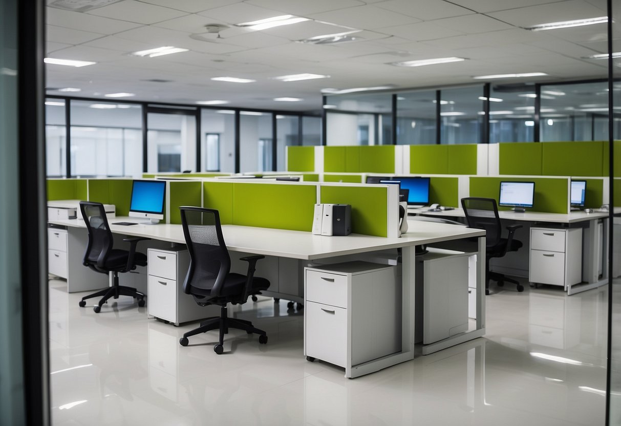 A modern office space with sleek Godrej furniture, including desks, chairs, and storage units, arranged in a clean and organized layout