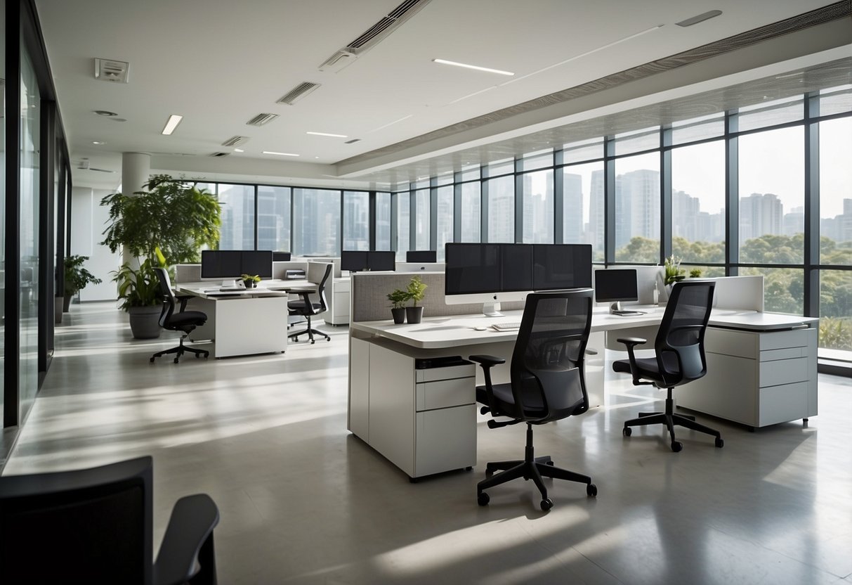 Employees interact with modern, ergonomic Godrej office furniture in a spacious, well-lit office setting. The sleek designs and functional layout promote productivity and comfort