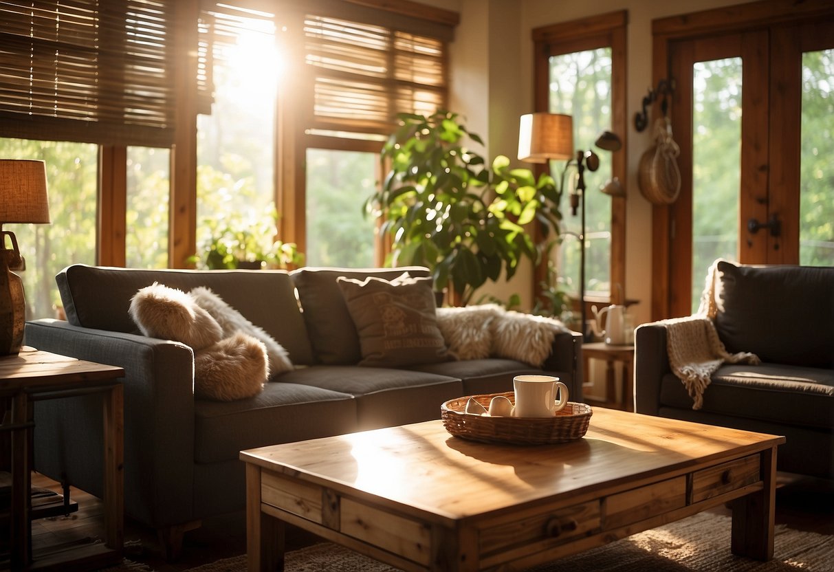 A cozy living room with a reclaimed wood coffee table, bamboo chairs, and a recycled metal lamp. Sunlight streams in through a large window, highlighting the natural textures of the sustainably sourced furniture