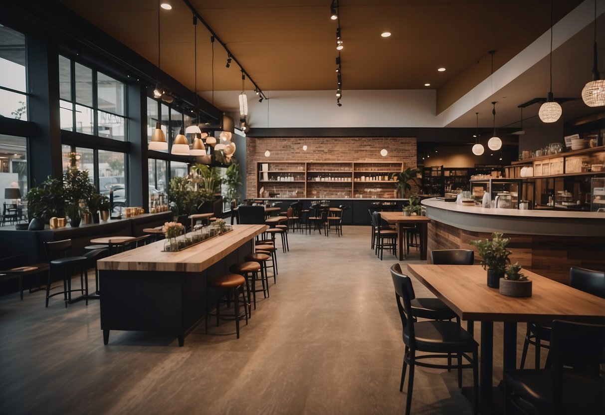 Customers browsing through various styles of coffee shop furniture, including tables, chairs, and counters, displayed in a wholesale showroom