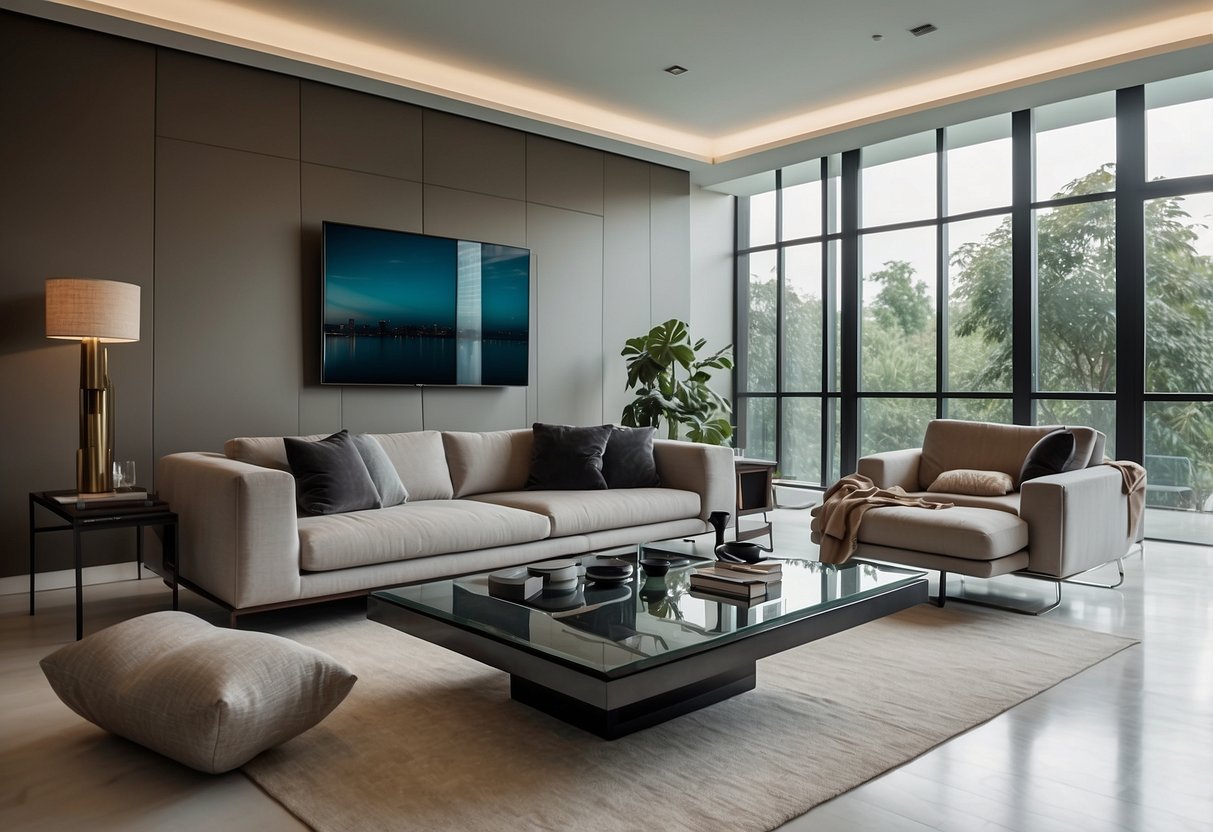 A modern, minimalist living room with sleek furniture and clean lines, featuring a Tampines Space Furniture centerpiece