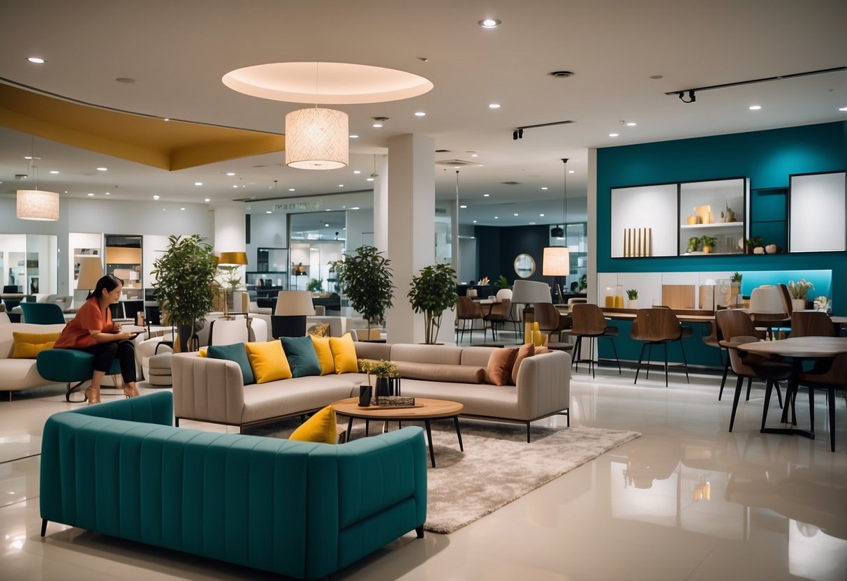 Customers browsing modern furniture in Tampines showroom. Brightly lit space with sleek designs and vibrant colors