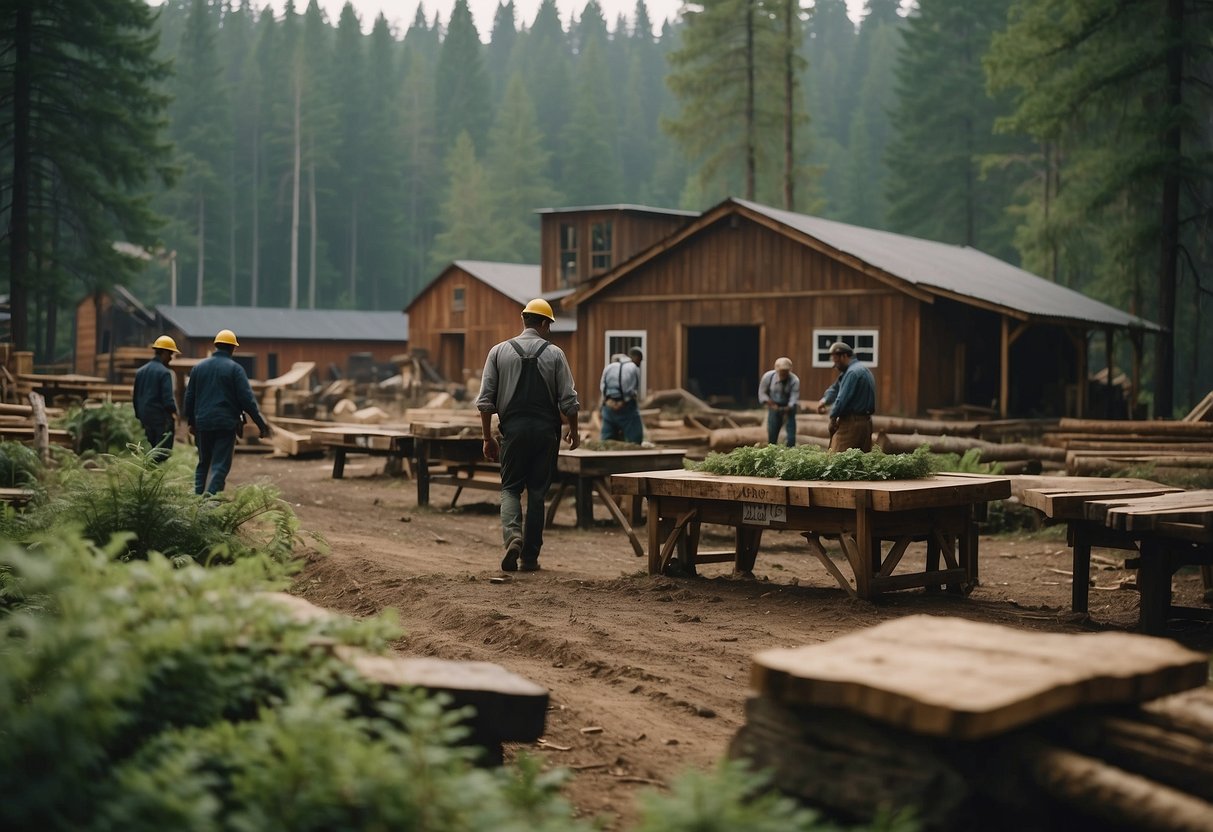 A serene forest with a variety of trees, a lumber mill, and a furniture workshop with workers using eco-friendly materials