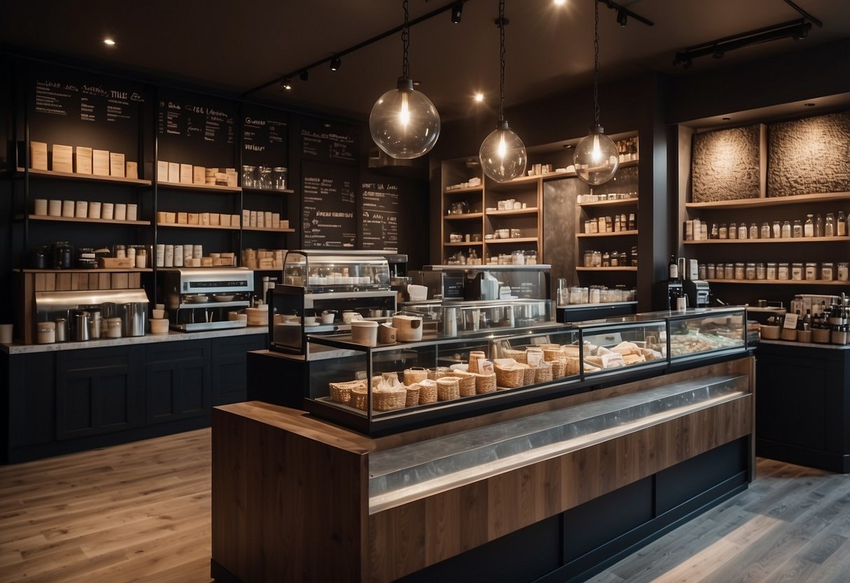 A bustling coffee shop with modern furniture, shelves stocked with coffee supplies, and a counter showcasing various wholesale supplier logos
