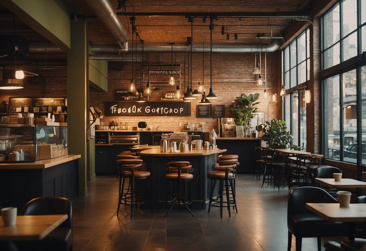 A bustling coffee shop with modern furniture displays. Customers chat while sipping coffee. A sign reads "Frequently Asked Questions coffee shop furniture wholesale."