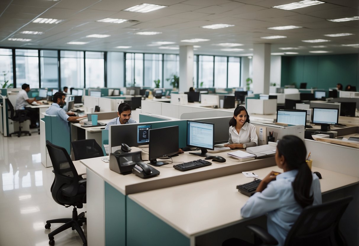 A busy office with employees at their desks, surrounded by modern Godrej furniture. A sign on the wall reads "Frequently Asked Questions - Godrej Office Furniture."