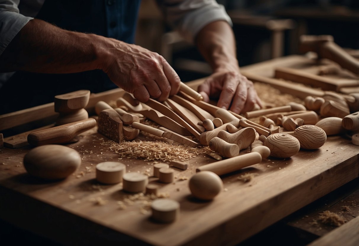 A Greek furniture workshop hums with activity as craftsmen carve intricate designs into rich, dark wood. Shavings fly as chisels and mallets work in harmony, creating timeless pieces of art