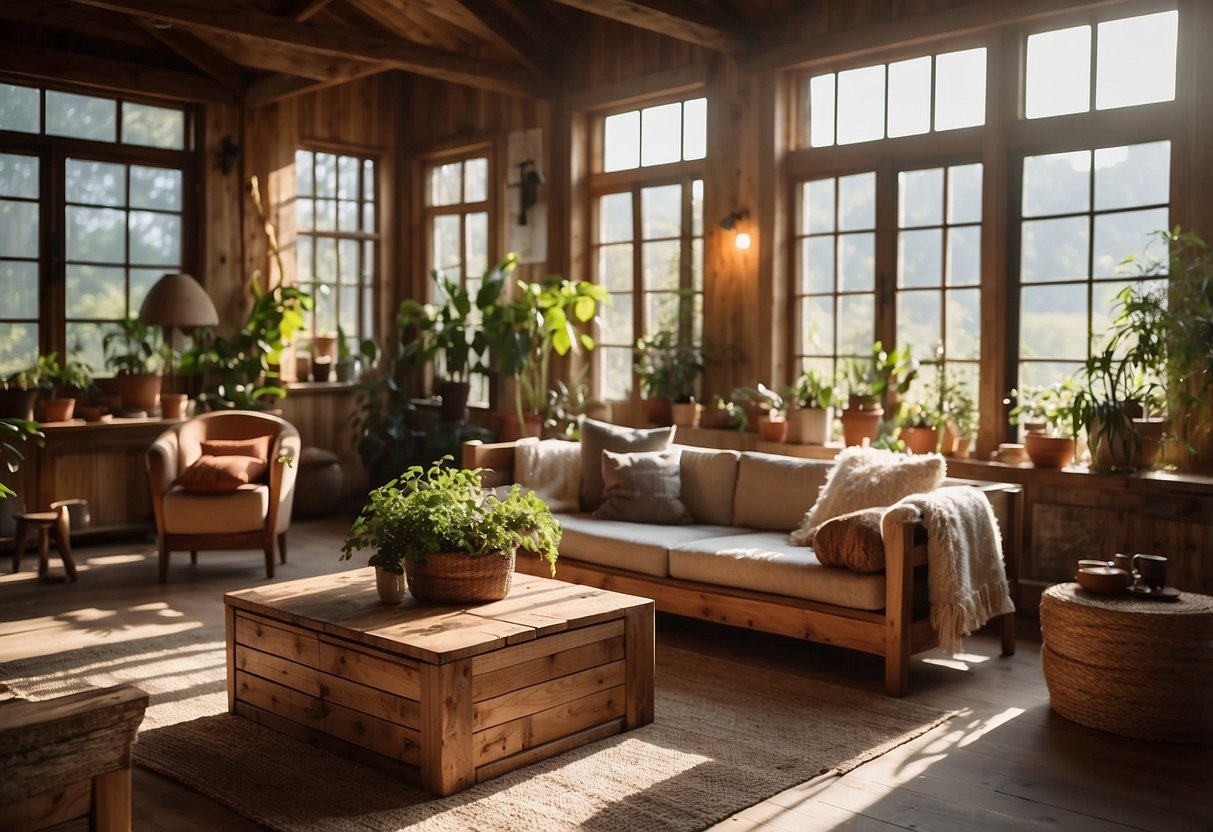 A cozy living room filled with eco-friendly, sustainably sourced furniture made from reclaimed wood and natural materials. Sunlight streams in through the windows, illuminating the earthy tones and textures of the pieces