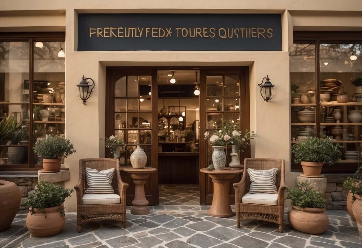 A traditional Greek furniture store with a sign "Frequently Asked Questions" above the entrance. Displayed items include chairs, tables, and decorative pottery