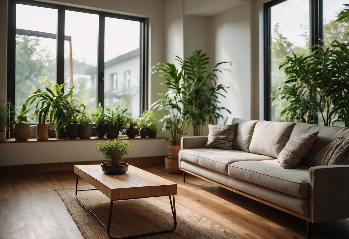 A cozy living room with a modern, eco-friendly sofa and coffee table made from sustainably sourced wood. A large window lets in natural light, and a potted plant adds a touch of greenery