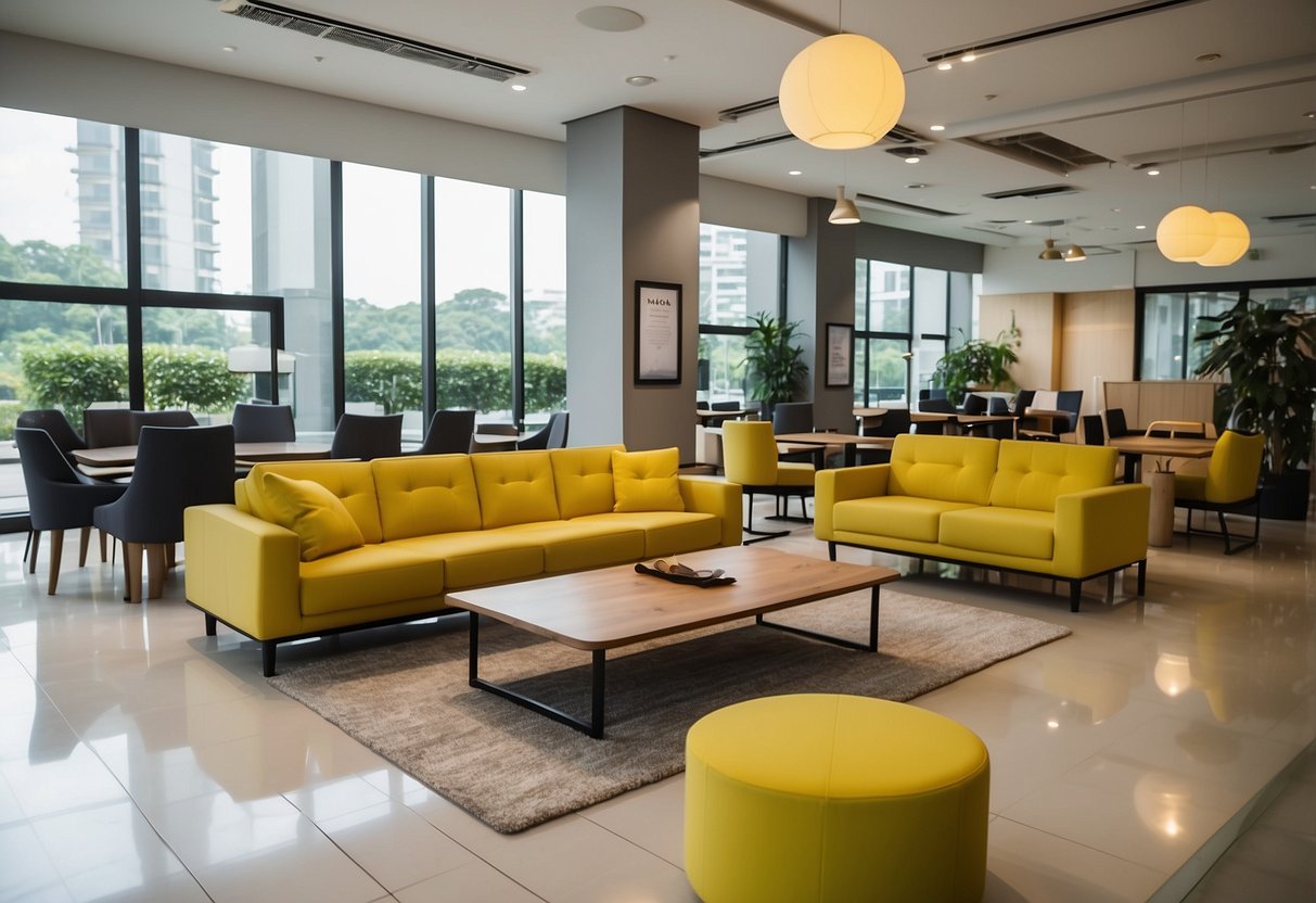 A bright, modern furniture showroom in Tampines with neatly arranged displays and a welcoming customer service desk