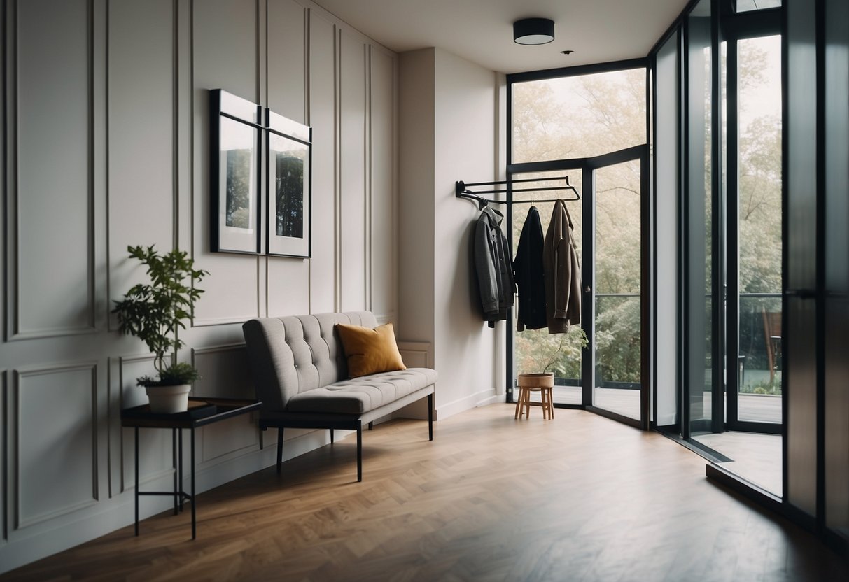 A hallway with a coat rack, shoe rack, and umbrella stand near the door