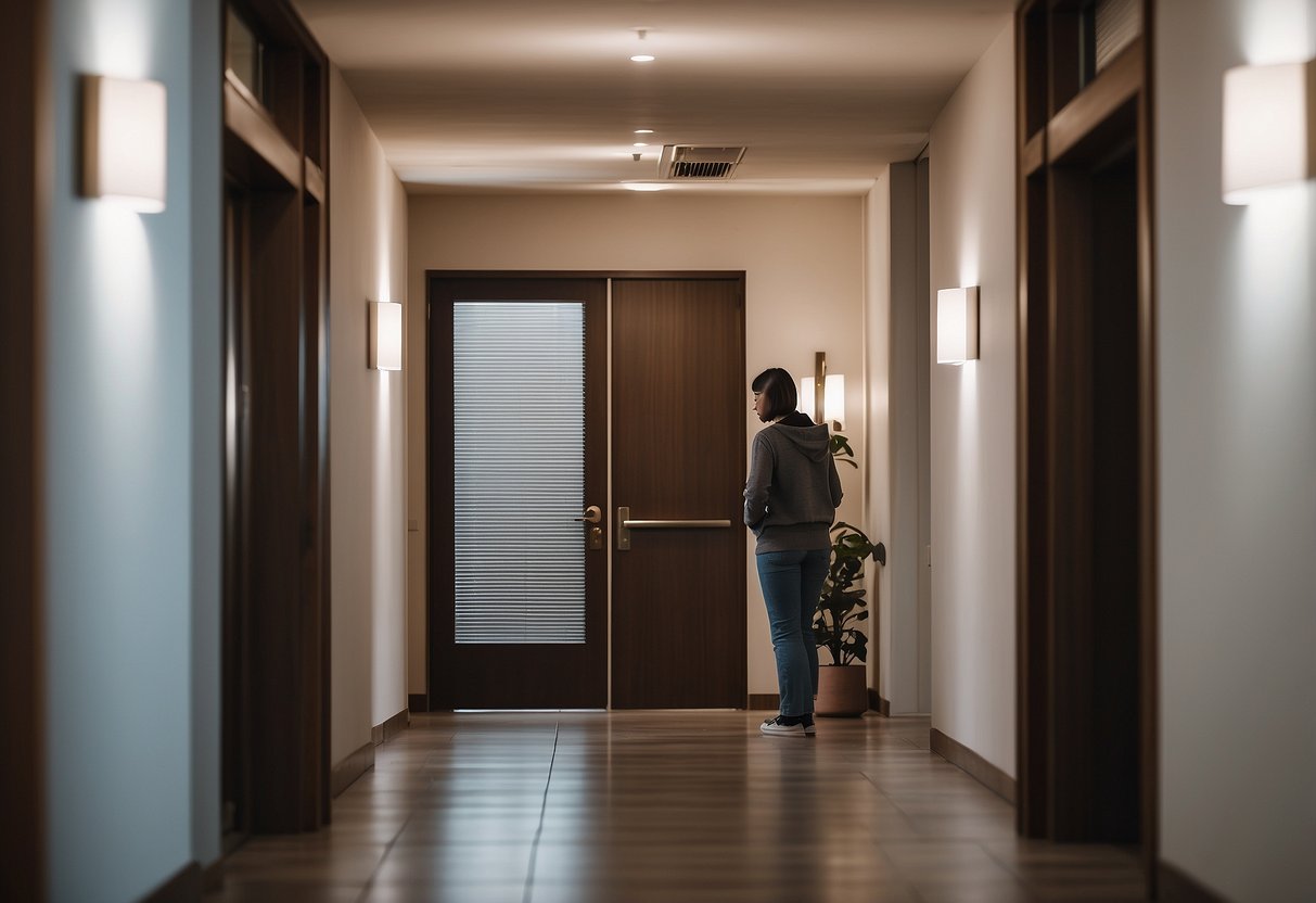 A person places hallway furniture near the door