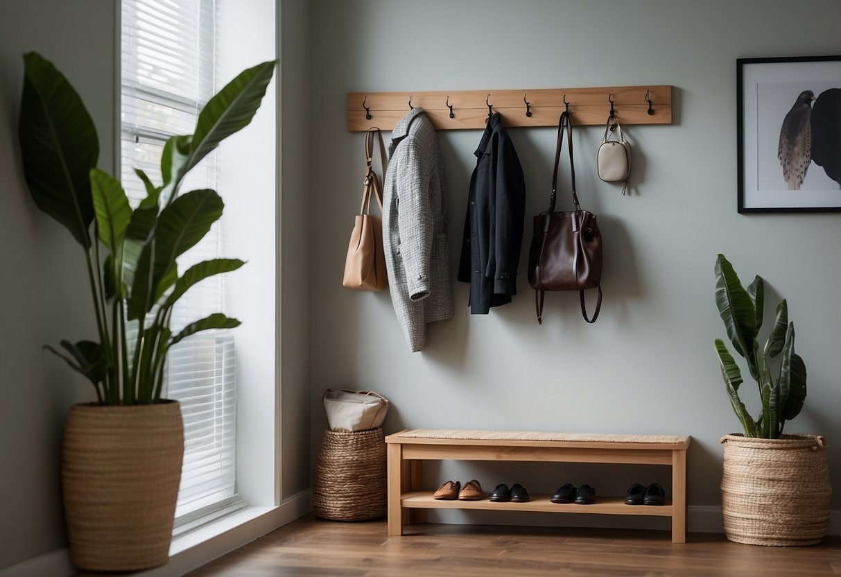 A coat rack stands next to a shoe rack by the door, with a small bench for seating and a decorative mirror on the wall