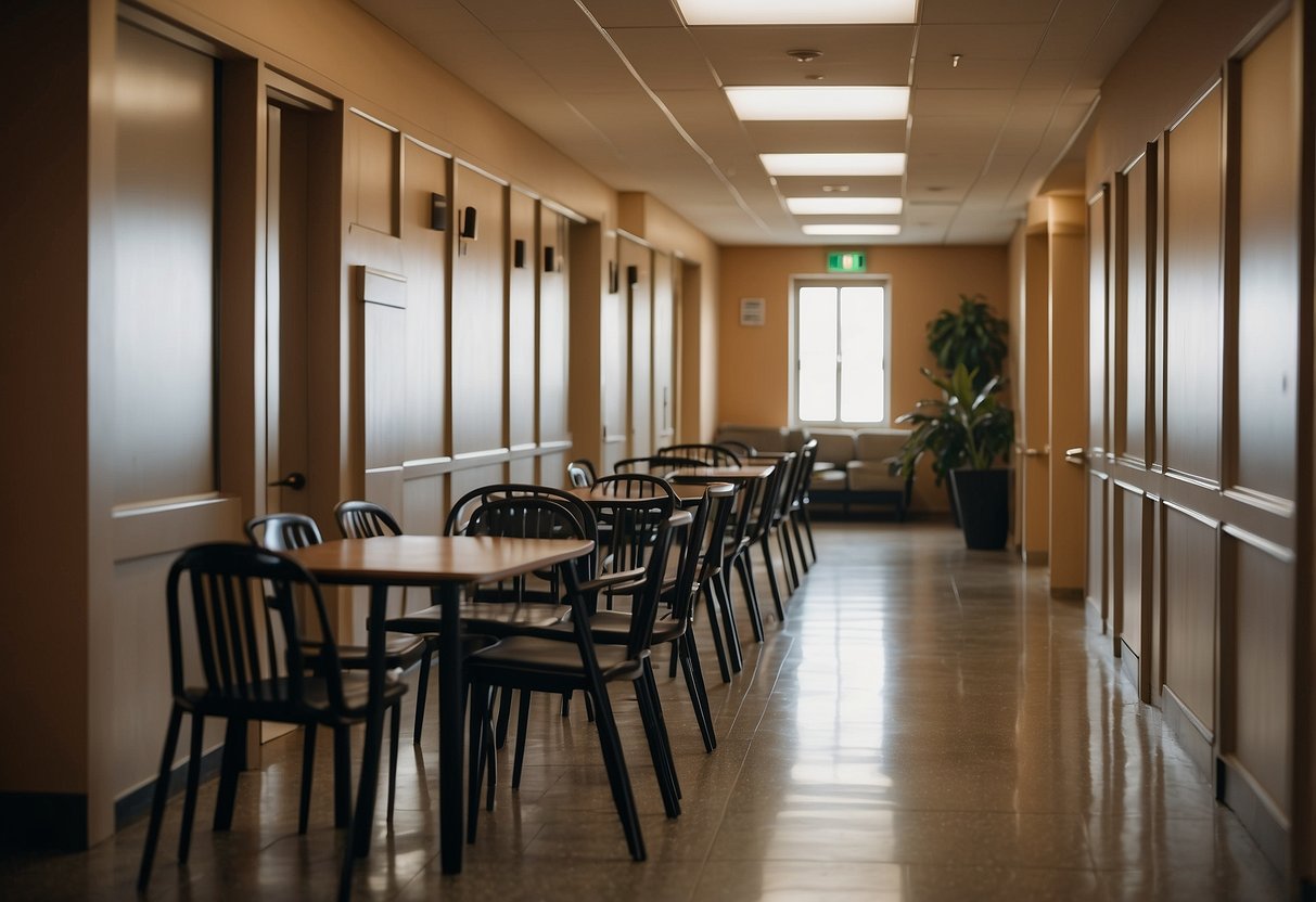 A hallway with a table and chairs near the door. The table is cluttered with papers and the chairs are neatly arranged
