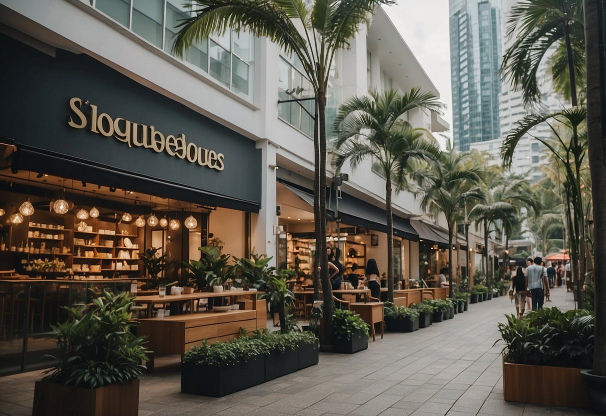 A bustling street in Singapore lined with modern furniture shops. Brightly lit storefronts display a variety of home decor and furnishings