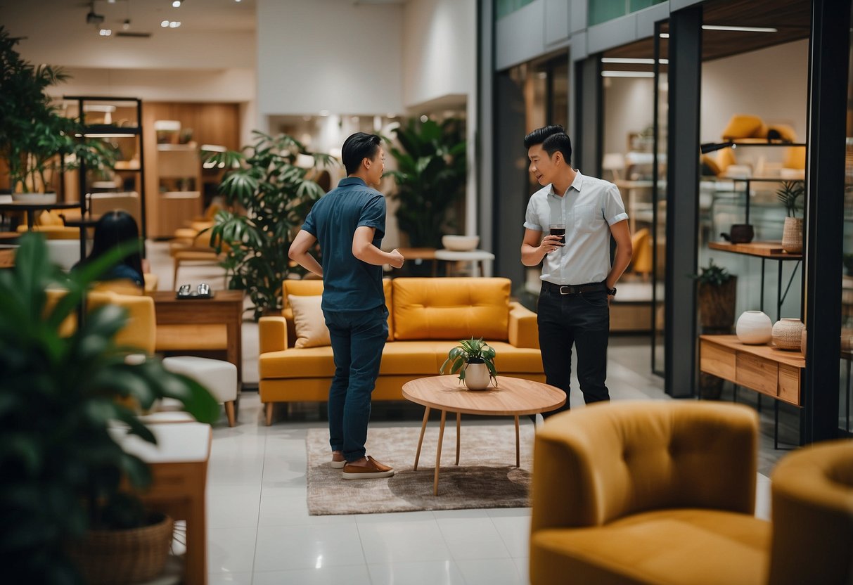 A couple browsing through various furniture options at a modern HDB furniture shop in Singapore