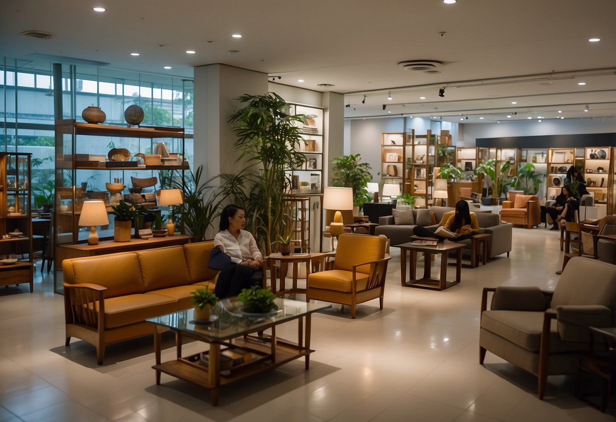 Customers browsing through modern and traditional furniture displays in Singapore HDB furniture shops