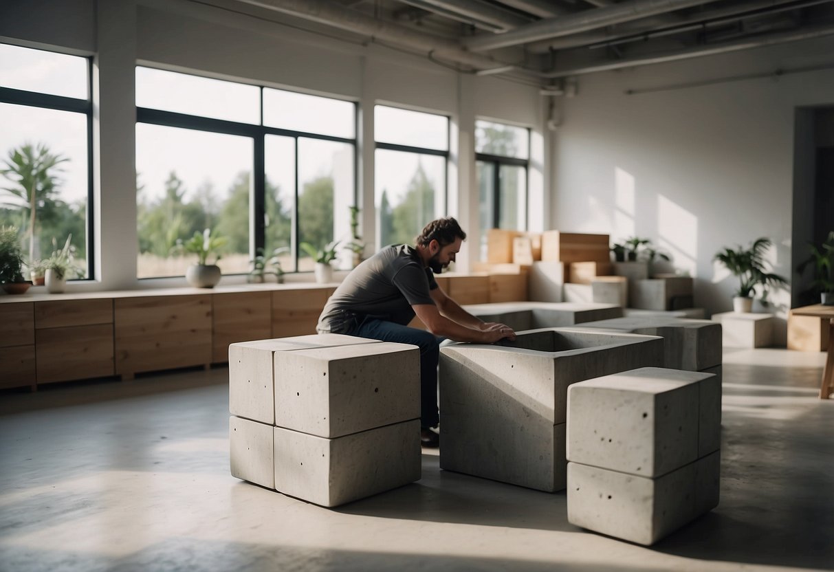 A person assembling concrete block furniture in a minimalist, modern space with natural light streaming in through large windows