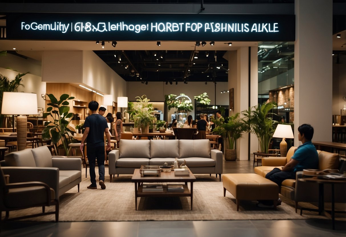 A bustling furniture shop in Singapore, with customers browsing and staff assisting. Displayed items include sofas, tables, and cabinets. A sign reads "Frequently Asked Questions."
