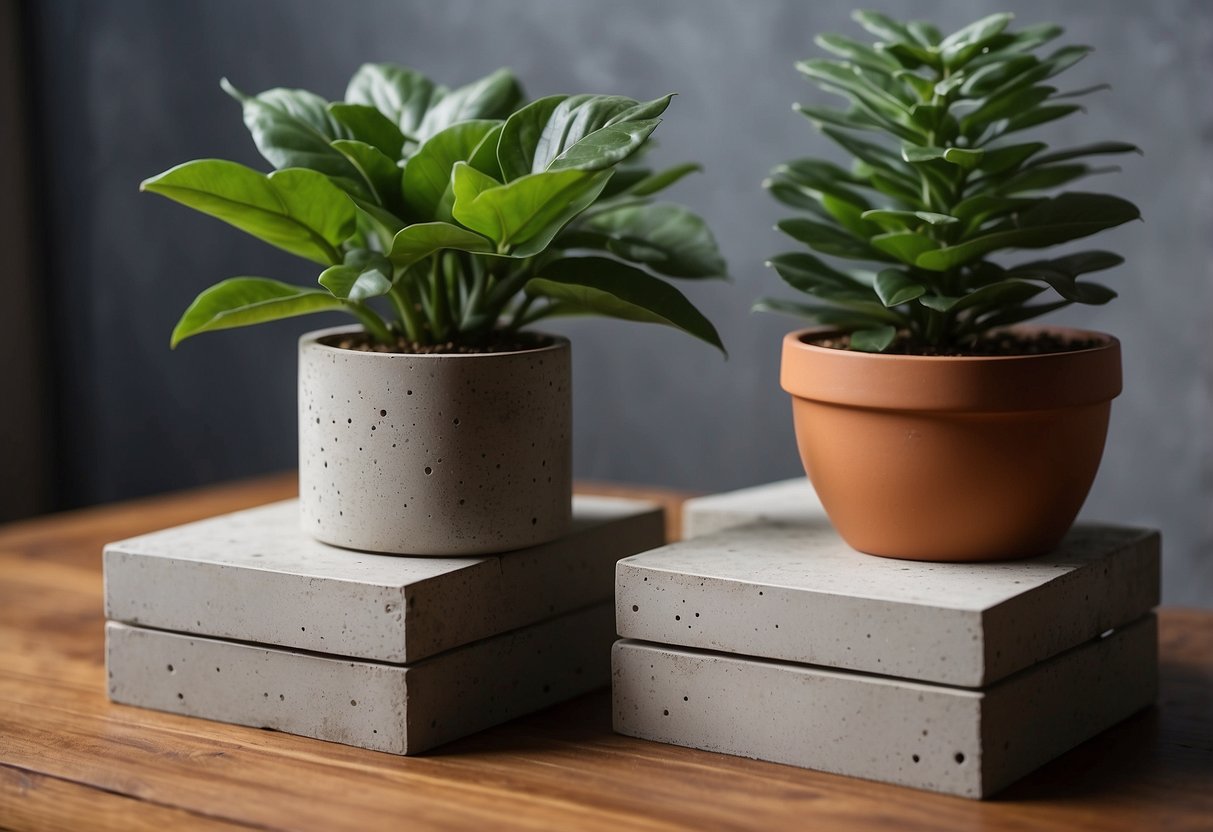 A stack of concrete blocks arranged as a side table, with a wooden plank on top. A potted plant sits on the table, adding a touch of greenery