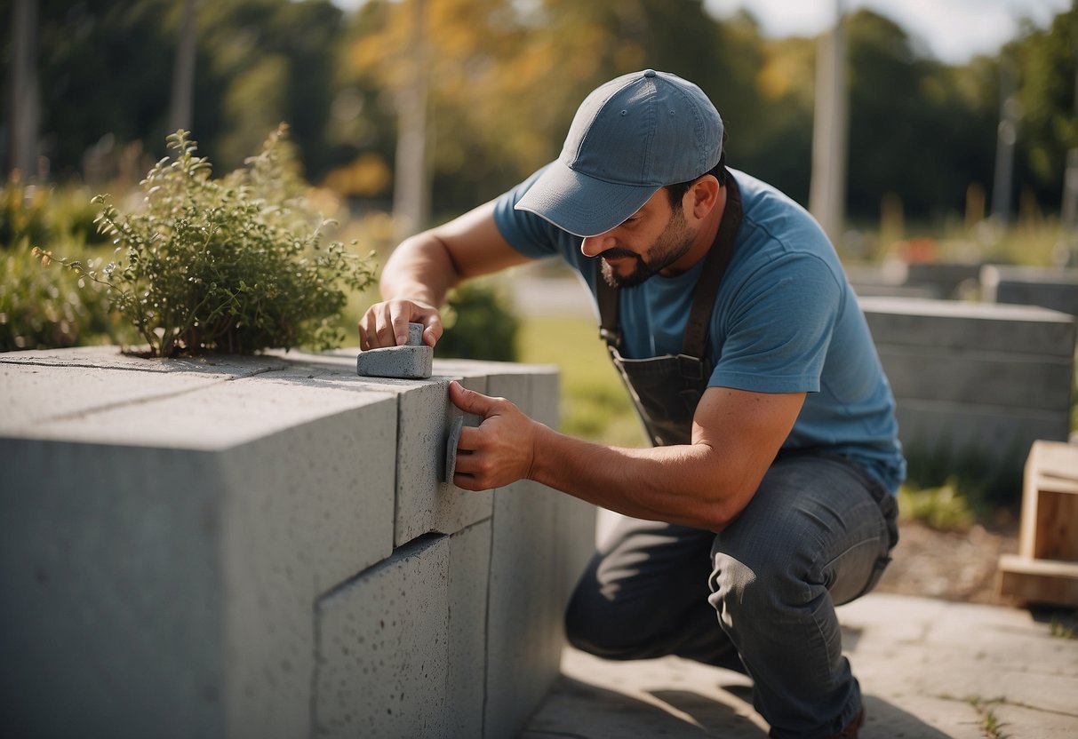 A person assembling and painting concrete block furniture outdoors