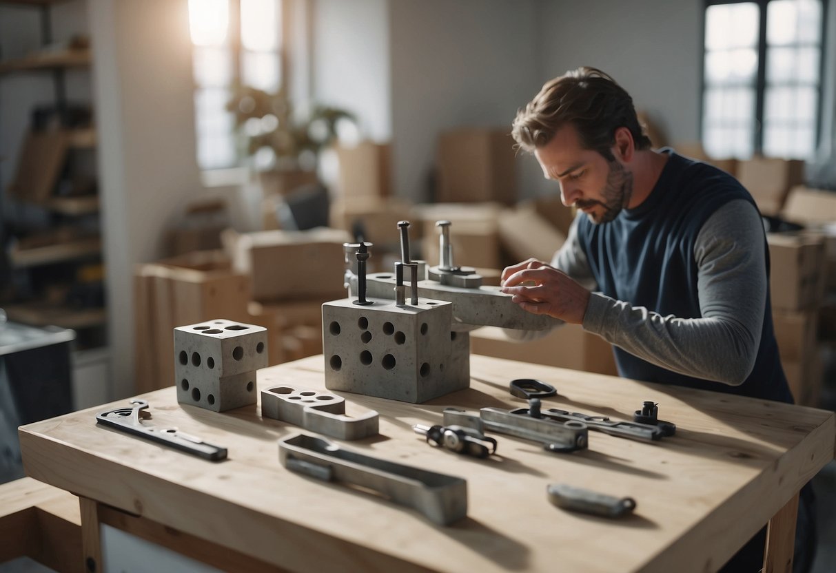 A person assembling concrete block furniture with tools and materials laid out on a clean, well-lit workspace